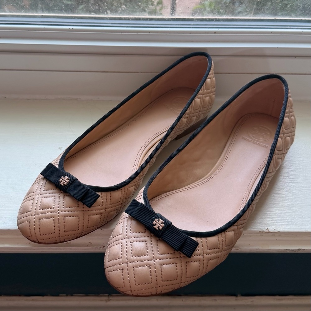 Tory Burch Light Oak Marion Quilted Leather Ballet Flats